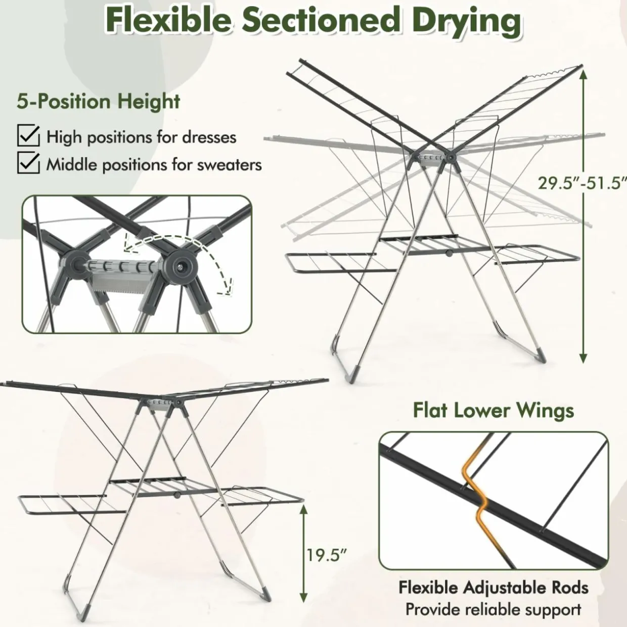 Tangkula Laundry Drying Rack, Foldable Clothes Drying Rack with Height Adjustable Wings, 33 Drying Rails & Sock Clips