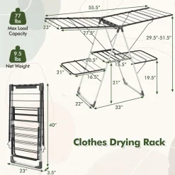 Tangkula Laundry Drying Rack, Foldable Clothes Drying Rack with Height Adjustable Wings, 33 Drying Rails & Sock Clips