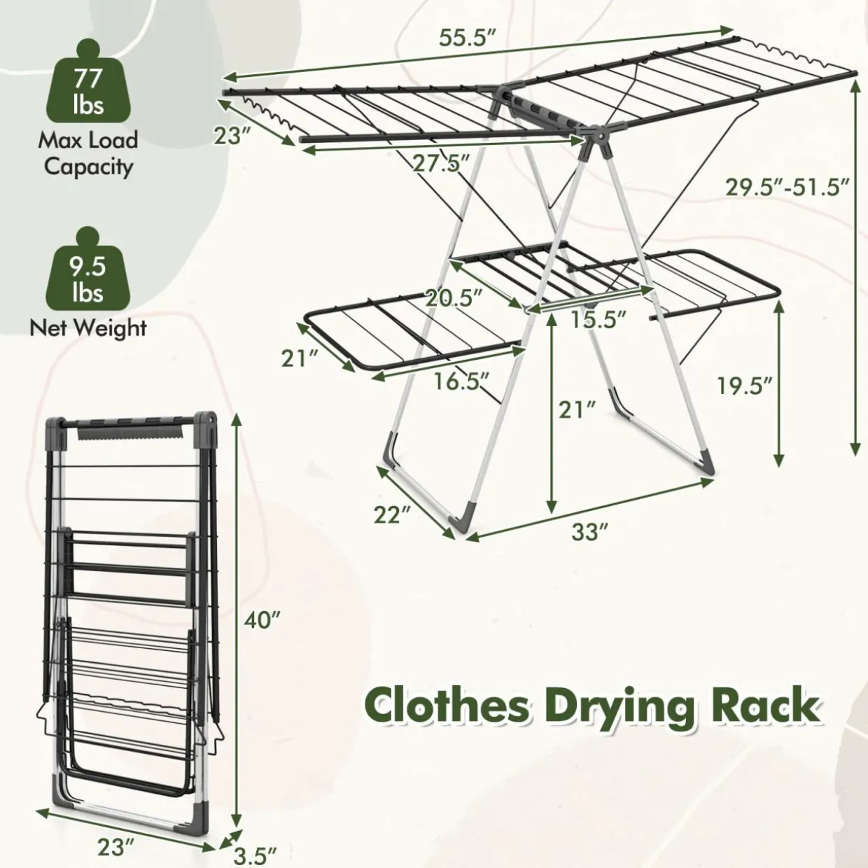 Tangkula Laundry Drying Rack, Foldable Clothes Drying Rack with Height Adjustable Wings, 33 Drying Rails & Sock Clips