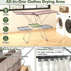 Tangkula Laundry Drying Rack, Foldable Clothes Drying Rack with Height Adjustable Wings, 33 Drying Rails & Sock Clips
