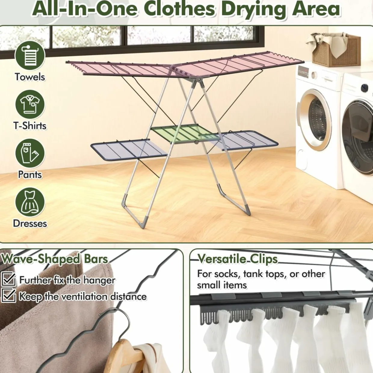 Tangkula Laundry Drying Rack, Foldable Clothes Drying Rack with Height Adjustable Wings, 33 Drying Rails & Sock Clips