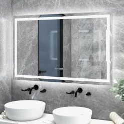 Tangkula LED Bathroom Mirror, Wall Mounted Rectangle Mirror w/ 3-Color Dimmable Lights, Time/Temp Display, Anti-Fog