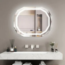 Tangkula LED Bathroom Mirror, Single Beveled Edge Anti-Fog Mirror with 3 Color LED Light, Memory Function
