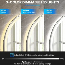 Tangkula LED Bathroom Mirror, Wall Mounted Round Mirror w/ 3-Color Dimmable Lights