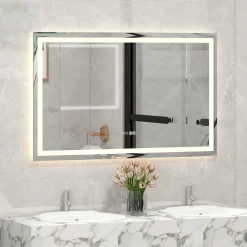Tangkula LED Bathroom Mirror, Wall Mounted Rectangle Mirror w/ 3-Color Dimmable Lights, Time/Temp Display, Anti-Fog
