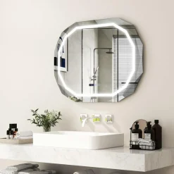 Tangkula LED Bathroom Mirror, Single Beveled Edge Anti-Fog Mirror with 3 Color LED Light, Memory Function
