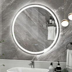 Tangkula LED Bathroom Mirror, Wall Mounted Round Mirror w/ 3-Color Dimmable Lights
