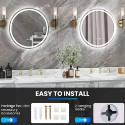 Tangkula LED Bathroom Mirror, Wall Mounted Round Mirror w/ 3-Color Dimmable Lights