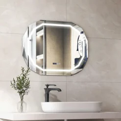 Tangkula LED Bathroom Mirror, Single Beveled Edge Anti-Fog Mirror with 3 Color LED Light, Memory Function
