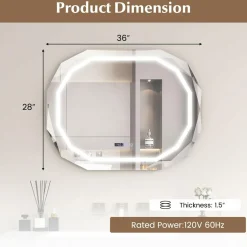 Tangkula LED Bathroom Mirror, Single Beveled Edge Anti-Fog Mirror with 3 Color LED Light, Memory Function