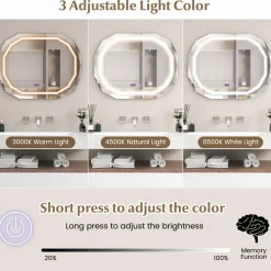 Tangkula LED Bathroom Mirror, Single Beveled Edge Anti-Fog Mirror with 3 Color LED Light, Memory Function