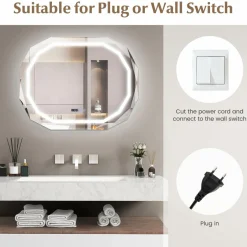 Tangkula LED Bathroom Mirror, Single Beveled Edge Anti-Fog Mirror with 3 Color LED Light, Memory Function