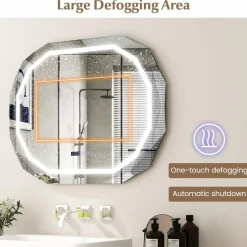 Tangkula LED Bathroom Mirror, Single Beveled Edge Anti-Fog Mirror with 3 Color LED Light, Memory Function