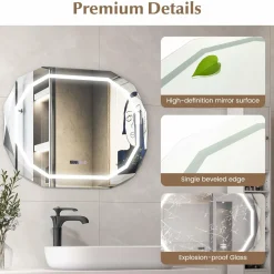 Tangkula LED Bathroom Mirror, Single Beveled Edge Anti-Fog Mirror with 3 Color LED Light, Memory Function