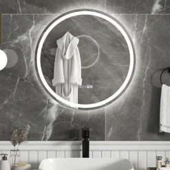 Tangkula LED Bathroom Mirror, Wall Mounted Round Mirror w/ 3-Color Dimmable Lights
