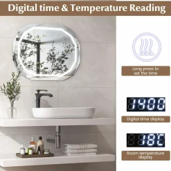 Tangkula LED Bathroom Mirror, Single Beveled Edge Anti-Fog Mirror with 3 Color LED Light, Memory Function