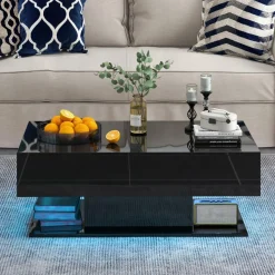 Tangkula LED Coffee Table with 2 Drawers, High Glossy Modern Center Table