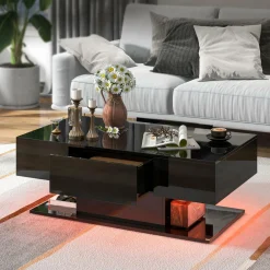 Tangkula LED Coffee Table with 2 Drawers, High Glossy Modern Center Table