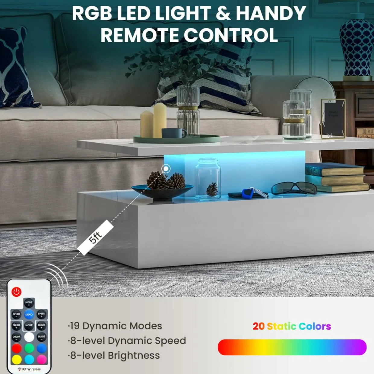 Tangkula LED Coffee Table, Modern High Gloss Coffee Table