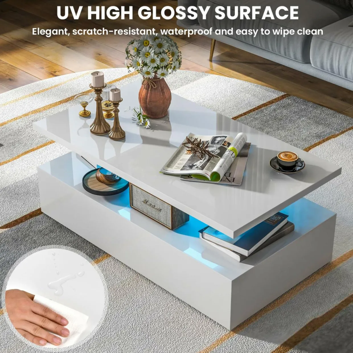 Tangkula LED Coffee Table, Modern High Gloss Coffee Table