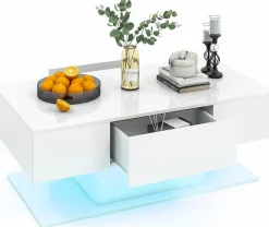 Tangkula LED Coffee Table with 2 Drawers, High Glossy Modern Center Table