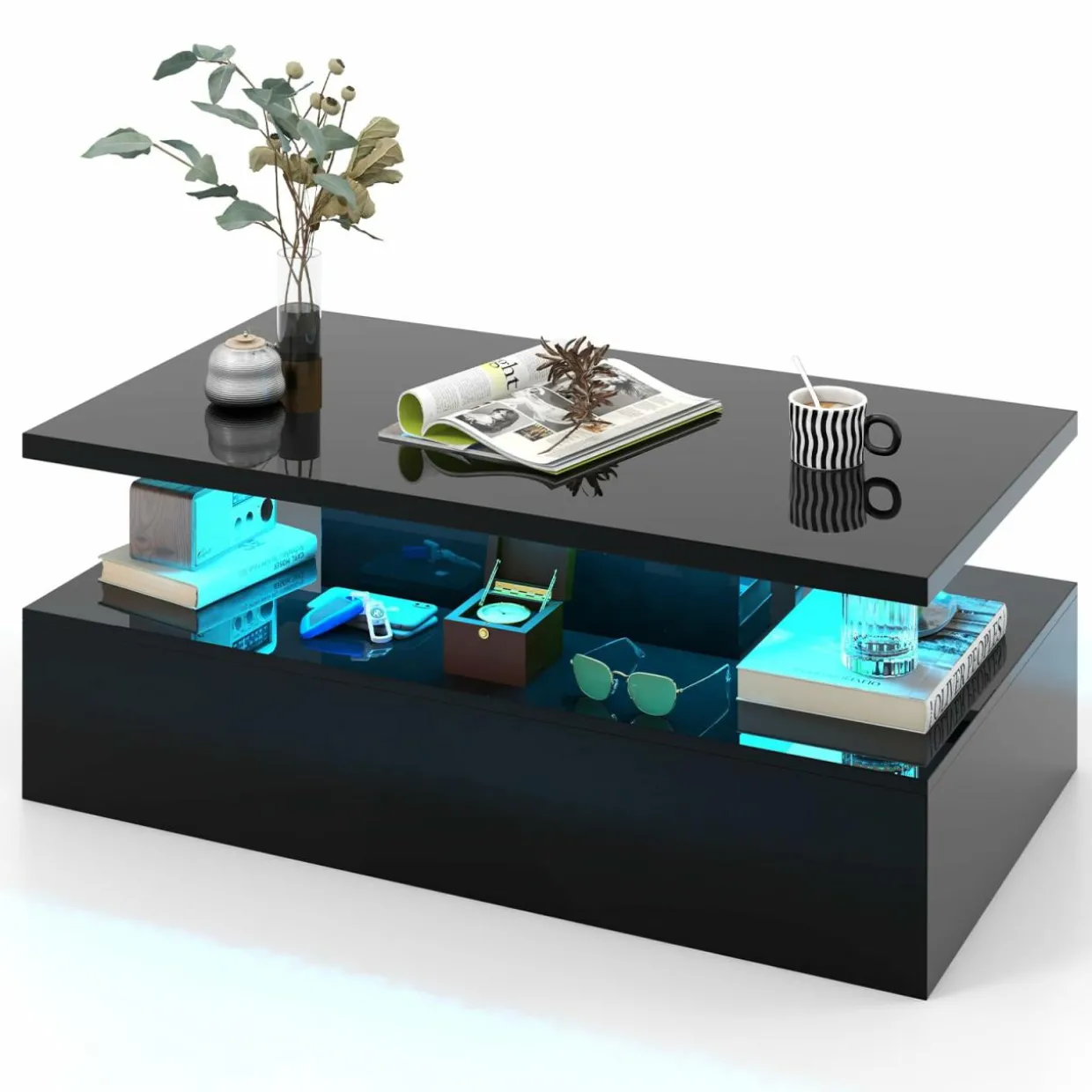 Tangkula LED Coffee Table, Modern High Gloss Coffee Table