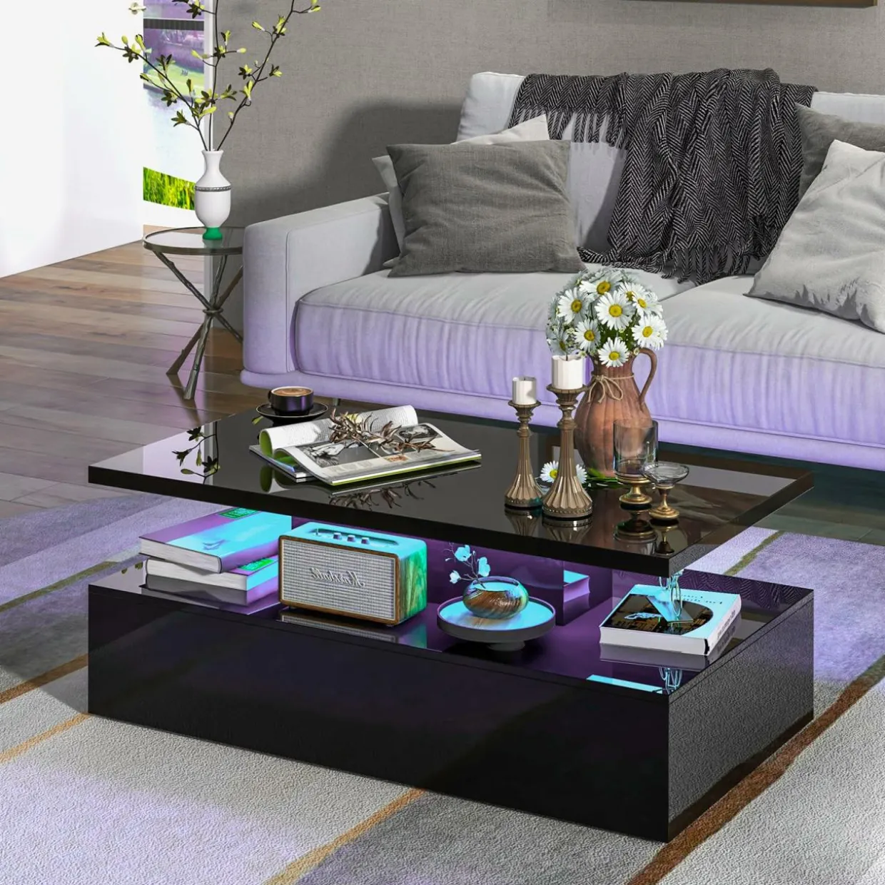 Tangkula LED Coffee Table, Modern High Gloss Coffee Table