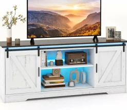 Tangkula LED TV Stand for 65” TVs, Sliding Barn Door Entertainment Center with Lights, Adjustable Brightness