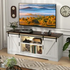 Tangkula LED TV Stand for 65” TVs, Sliding Barn Door Entertainment Center with Lights, Adjustable Brightness