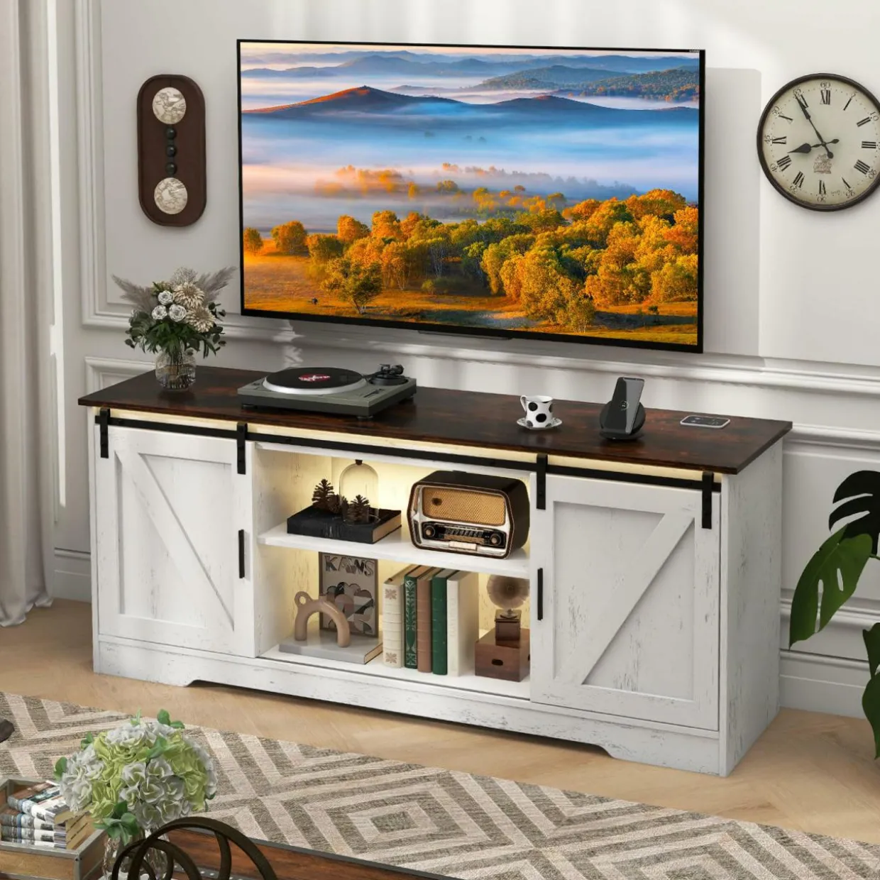 Tangkula LED TV Stand for 65” TVs, Sliding Barn Door Entertainment Center with Lights, Adjustable Brightness