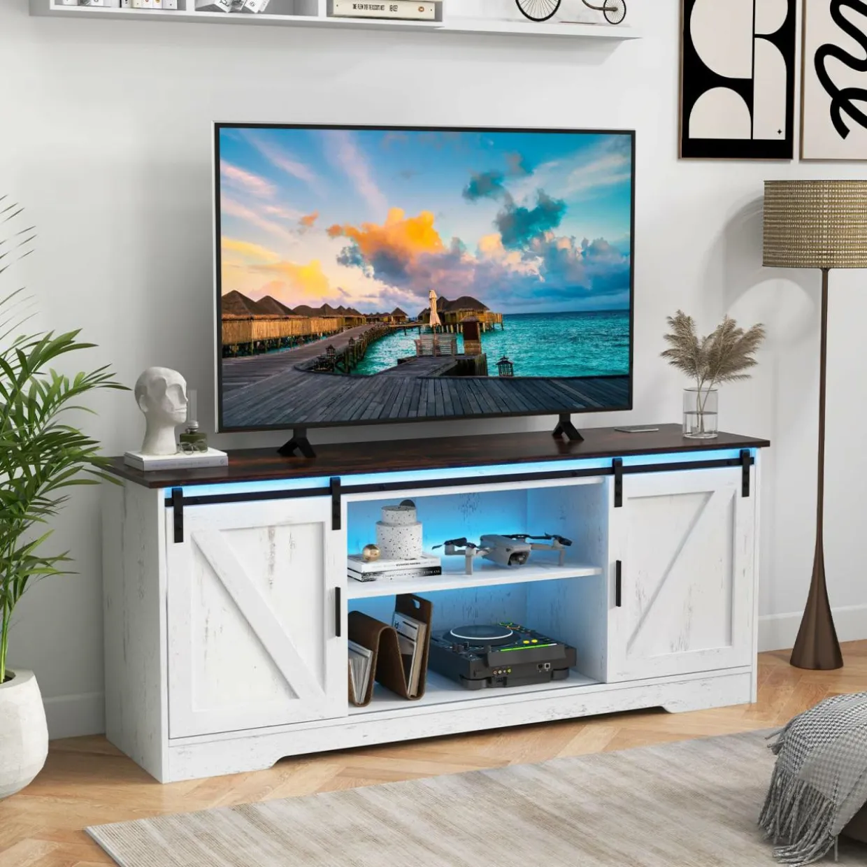 Tangkula LED TV Stand for 65” TVs, Sliding Barn Door Entertainment Center with Lights, Adjustable Brightness