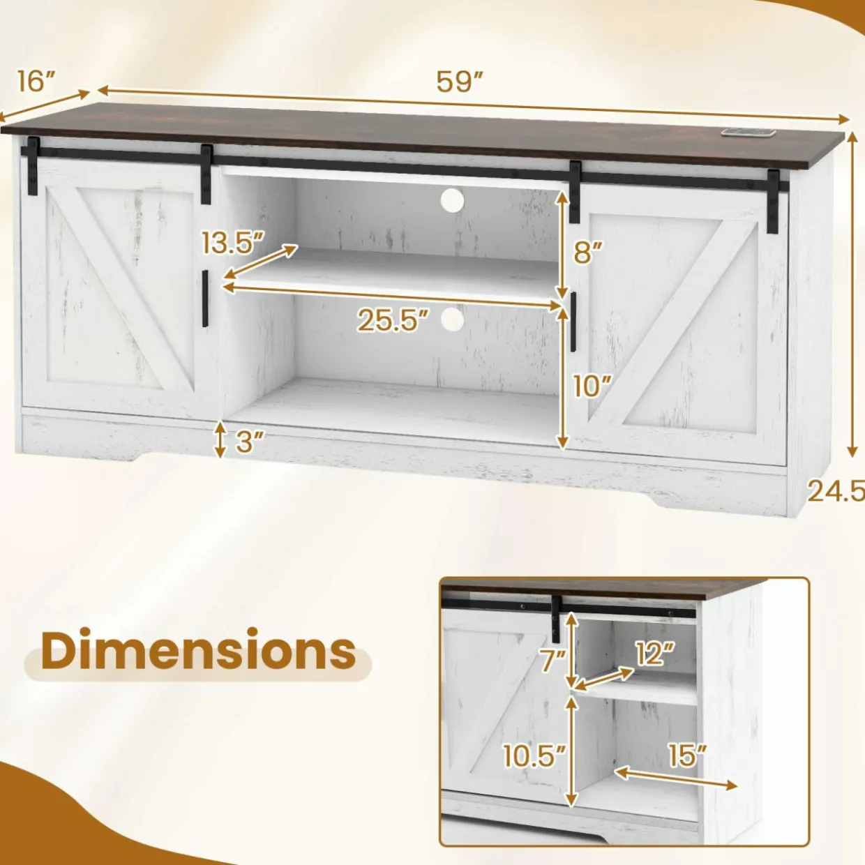Tangkula LED TV Stand for 65” TVs, Sliding Barn Door Entertainment Center with Lights, Adjustable Brightness