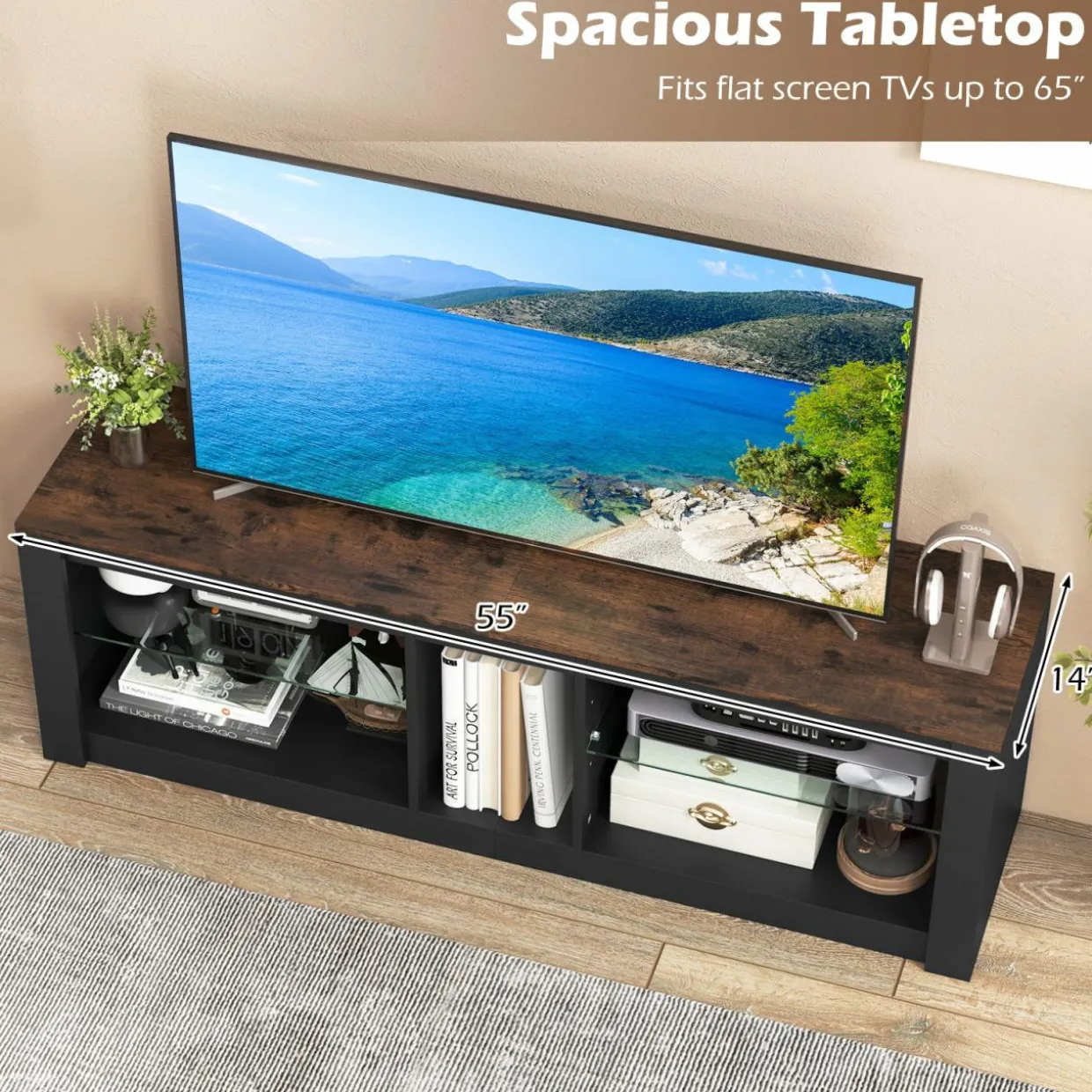 Tangkula LED TV Stand for 65 Inch TVs, Gaming Entertainment Center w/Open Storage