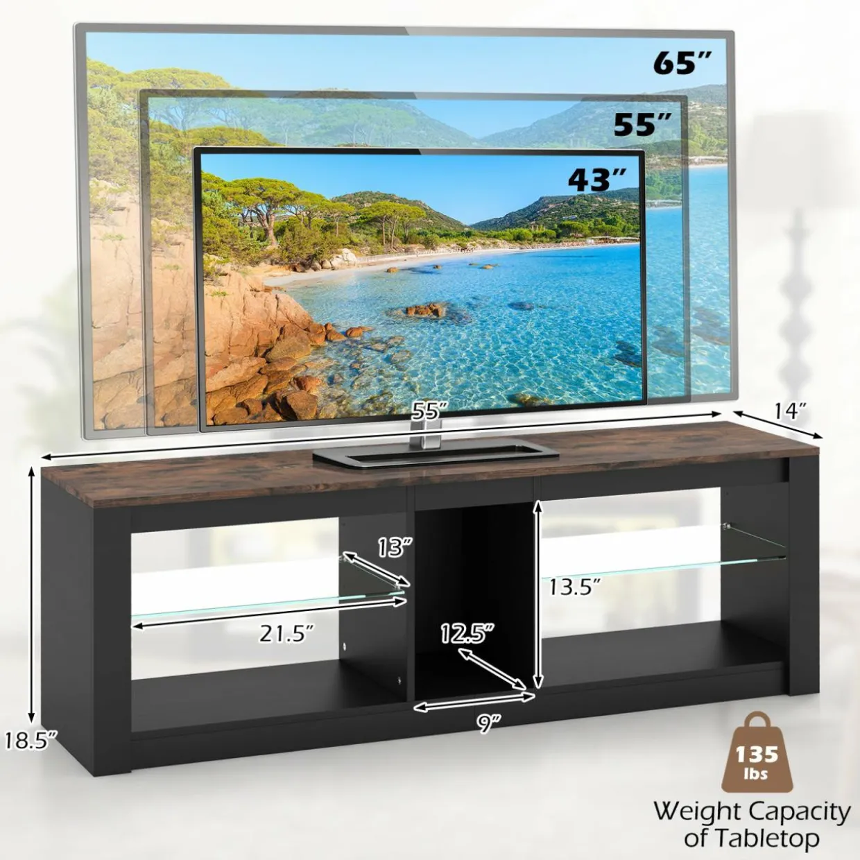 Tangkula LED TV Stand for 65 Inch TVs, Gaming Entertainment Center w/Open Storage