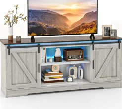 Tangkula LED TV Stand for 65” TVs, Sliding Barn Door Entertainment Center with Lights, Adjustable Brightness
