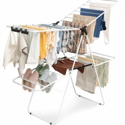 Tangkula 2-Level Clothes Drying Rack, Foldable Drying Hanger w/ Height-Adjustable Gullwing, Steel Frame