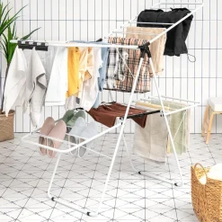 Tangkula 2-Level Clothes Drying Rack, Foldable Drying Hanger w/ Height-Adjustable Gullwing, Steel Frame