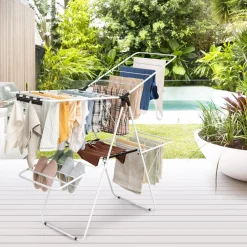 Tangkula 2-Level Clothes Drying Rack, Foldable Drying Hanger w/ Height-Adjustable Gullwing, Steel Frame