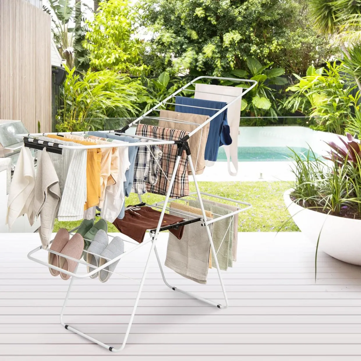 Tangkula 2-Level Clothes Drying Rack, Foldable Drying Hanger w/ Height-Adjustable Gullwing, Steel Frame