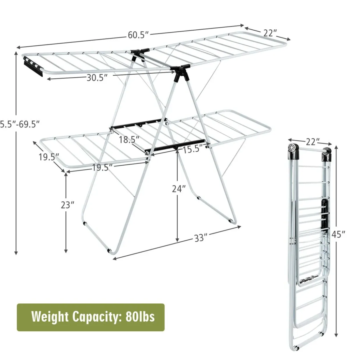 Tangkula 2-Level Clothes Drying Rack, Foldable Drying Hanger w/ Height-Adjustable Gullwing, Steel Frame