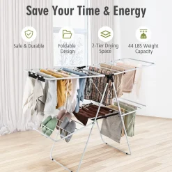 Tangkula 2-Level Clothes Drying Rack, Foldable Drying Hanger w/ Height-Adjustable Gullwing, Steel Frame