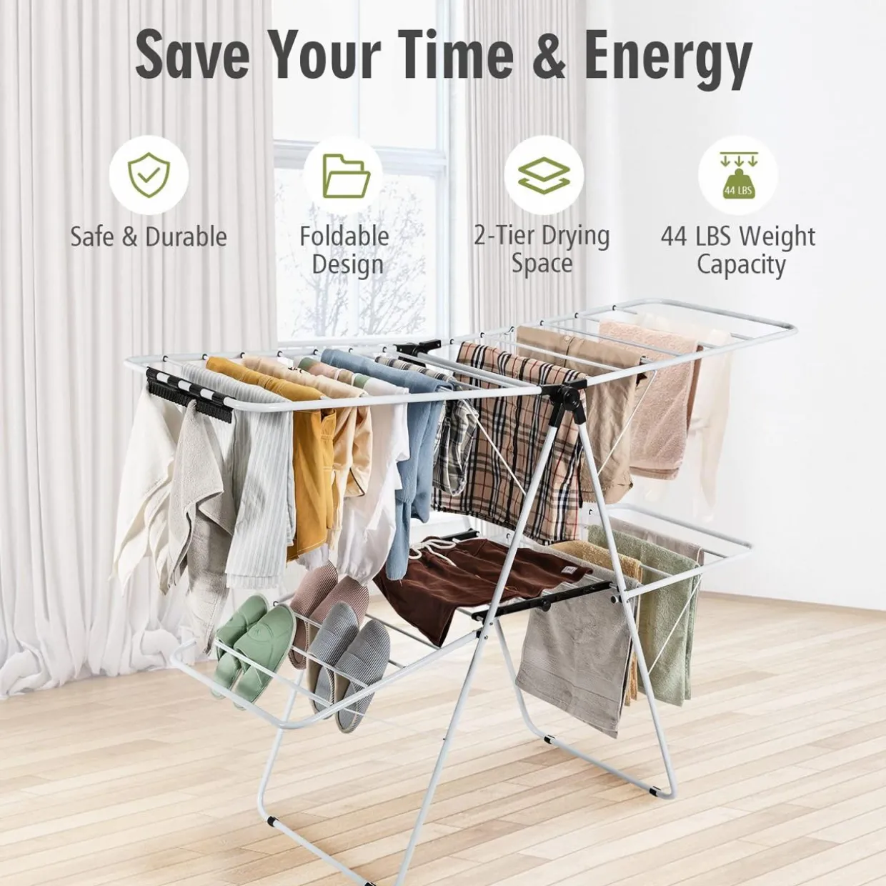 Tangkula 2-Level Clothes Drying Rack, Foldable Drying Hanger w/ Height-Adjustable Gullwing, Steel Frame
