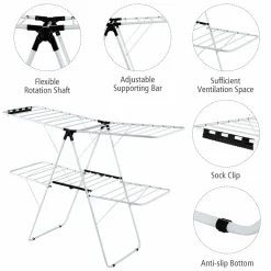 Tangkula 2-Level Clothes Drying Rack, Foldable Drying Hanger w/ Height-Adjustable Gullwing, Steel Frame