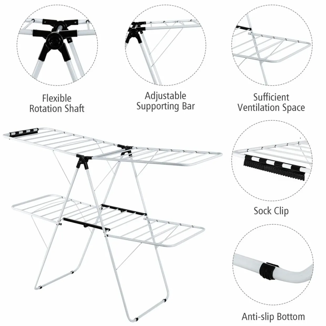 Tangkula 2-Level Clothes Drying Rack, Foldable Drying Hanger w/ Height-Adjustable Gullwing, Steel Frame