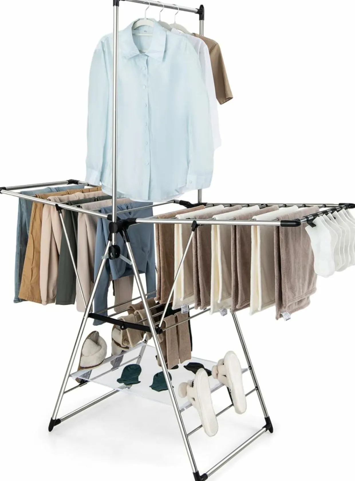 Tangkula 2-Level Clothes Drying Rack, Foldable Drying Hanger w/ Height-Adjustable Gullwing, Steel Frame
