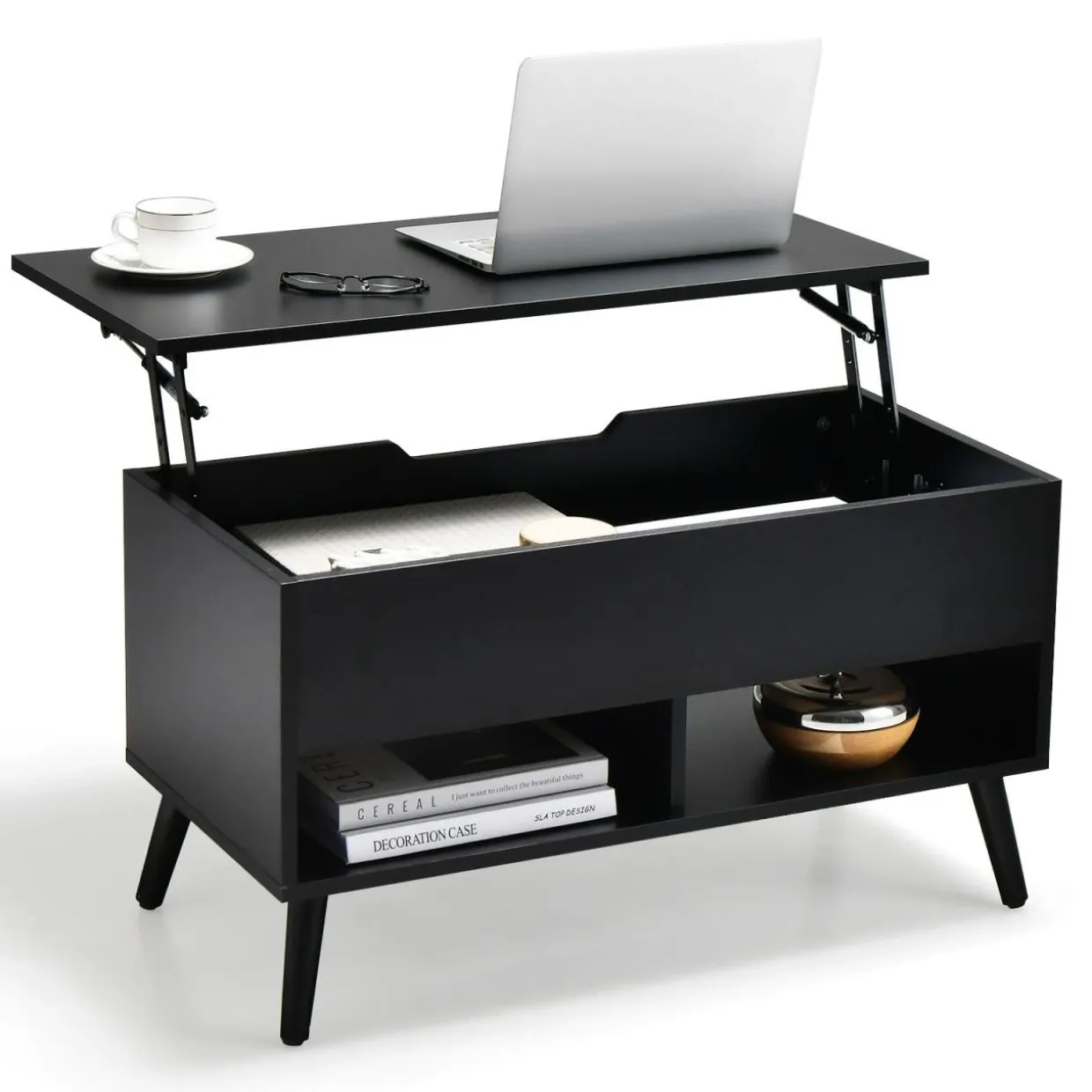Tangkula Lift Top Coffee Table, Modern Cocktail Table with Hidden Compartment & 2 Open Shelves