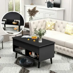 Tangkula Lift Top Coffee Table, Modern Cocktail Table with Hidden Compartment & 2 Open Shelves