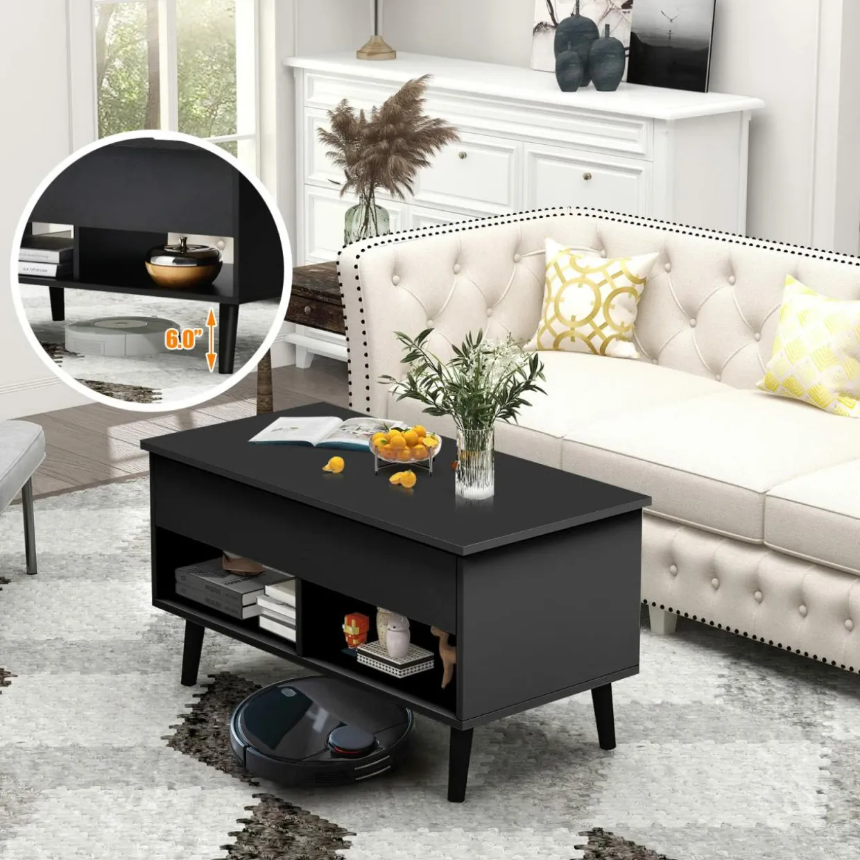 Tangkula Lift Top Coffee Table, Modern Cocktail Table with Hidden Compartment & 2 Open Shelves