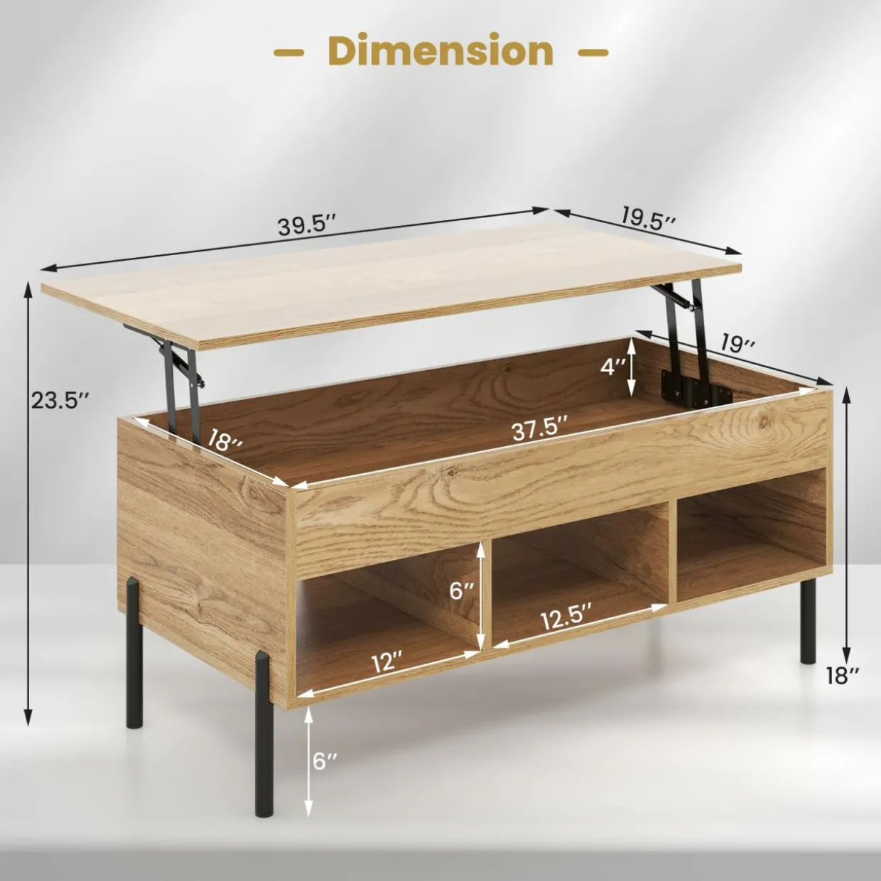 Tangkula Lift Top Coffee Table with Metal Legs, Rising Center Table w/Hidden Compartment & 3 Open Cubbies