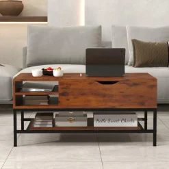 Tangkula Lift Top Coffee Table, Industrial Living Room Table with Hidden Compartment(Industrial, Rustic Brown)